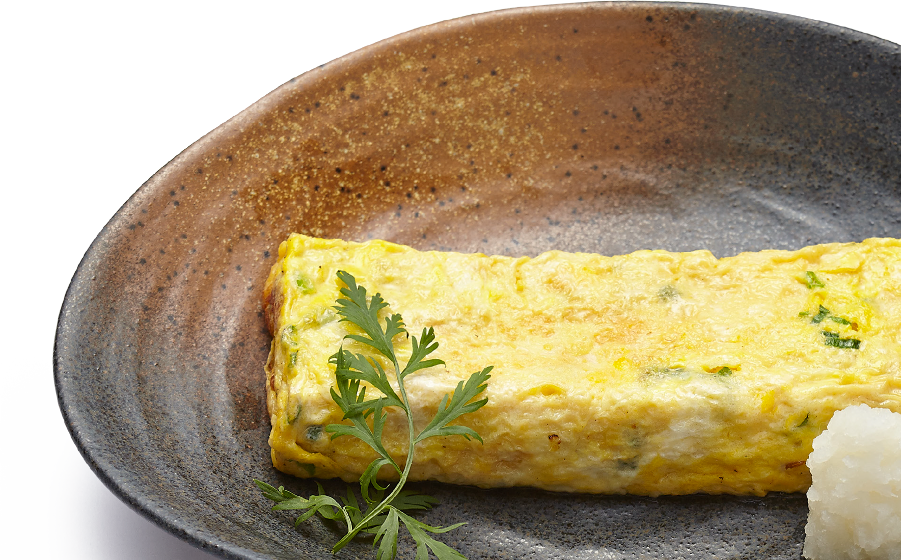 Rolled Golden Omelette with Fresh Thyme on Rustic Plate PNG Image