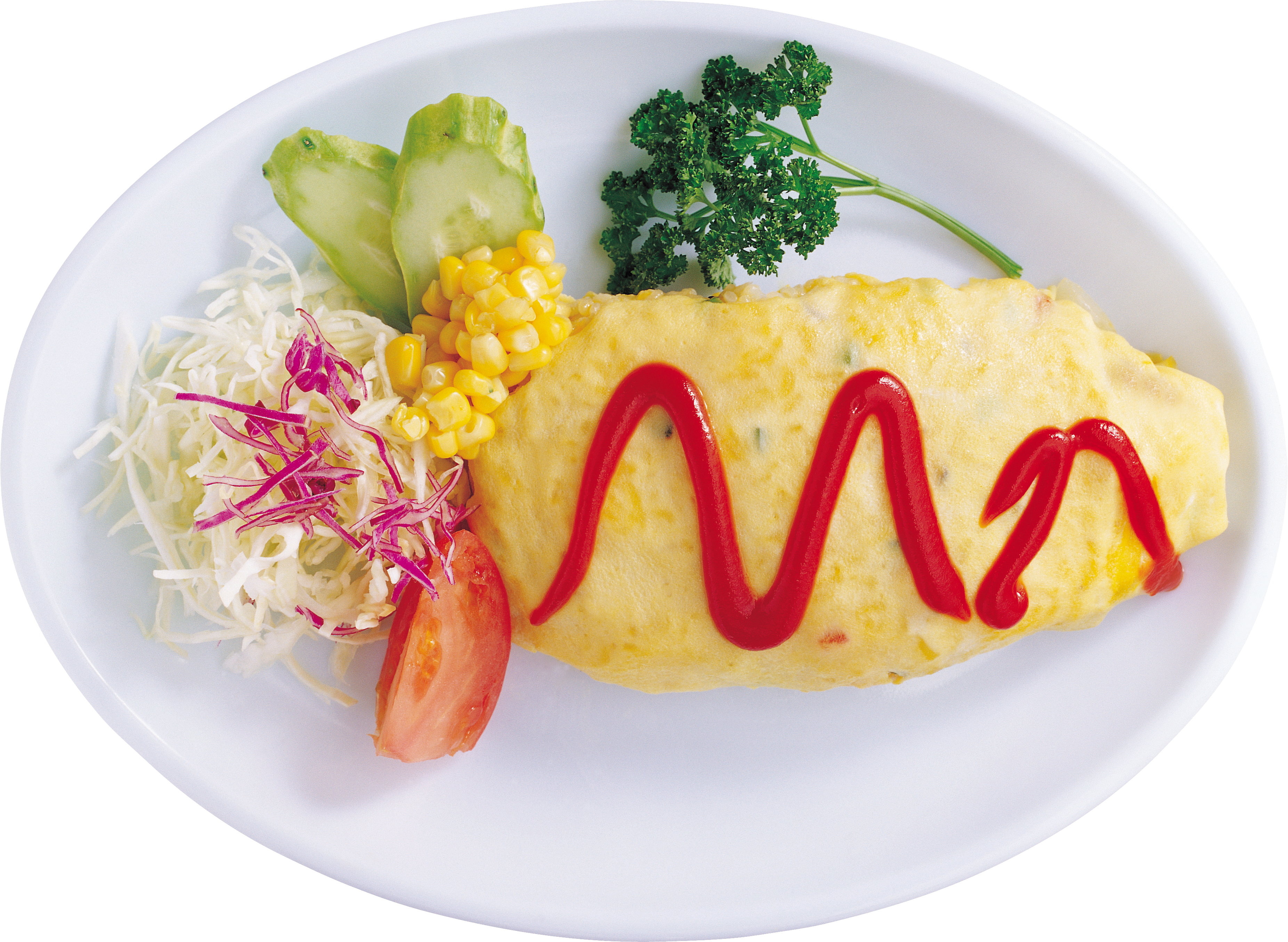 Rolled Omelette with Ketchup Salad and Fresh Vegetables on Plate PNG Image