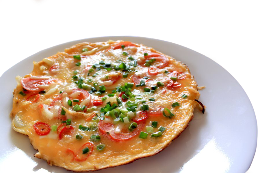 Round Savory Omelette Pizza with Tomato Cheese and Green Herbs PNG Image