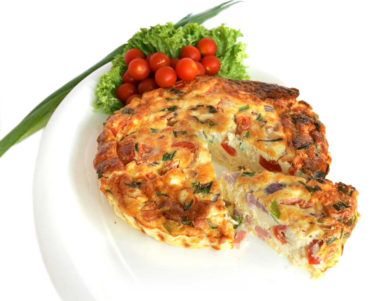 Savory Baked Vegetable Omelette with Fresh Salad on White Plate PNG Image