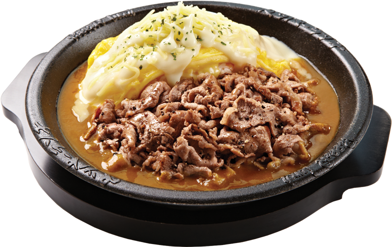 Savory Beef and Rice Bowl with Creamy Sauce in Black Dish PNG Image