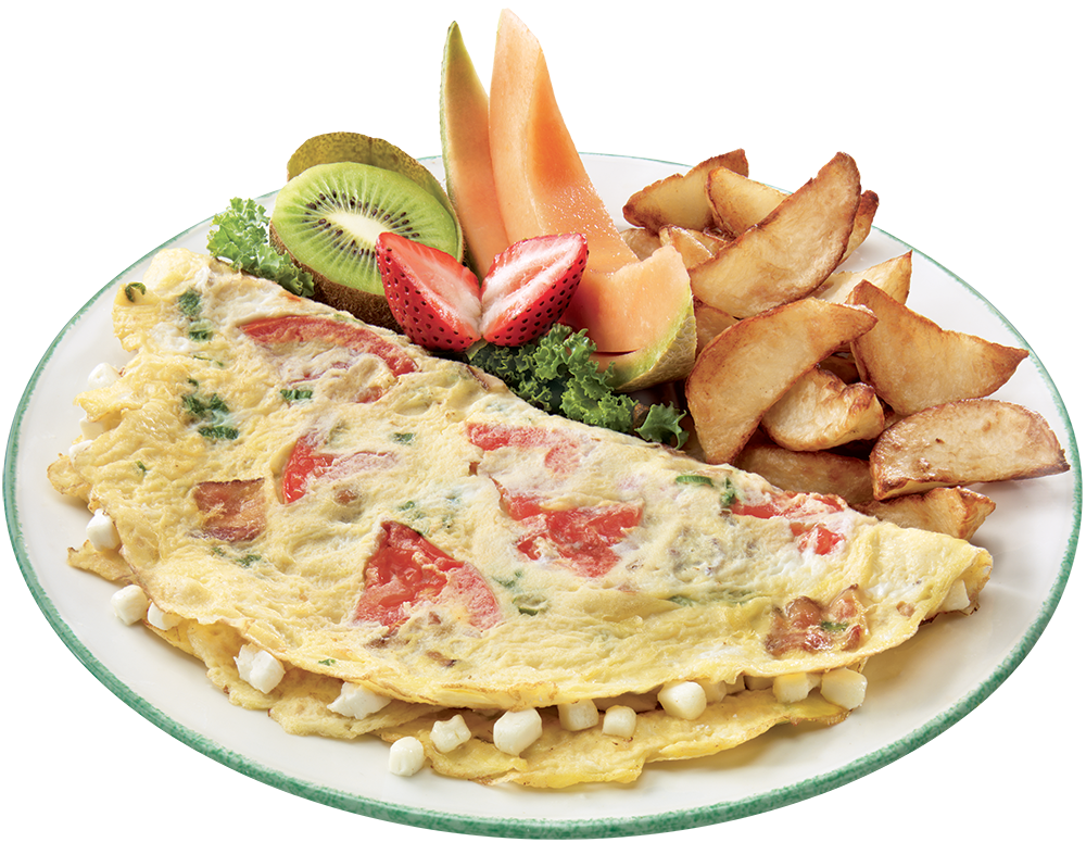 Vegetable Omelette Served with Potato Wedges and Fresh Salad PNG Image