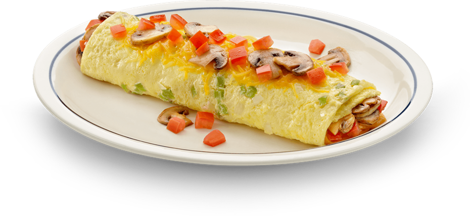 Vegetable Stuffed Omelette with Tomato Garnish on White Platter PNG Image