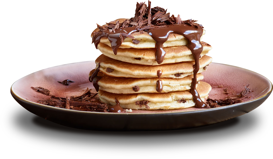 Chocolate Drizzled Pancake Stack on Dark Plate with Butter PNG Image