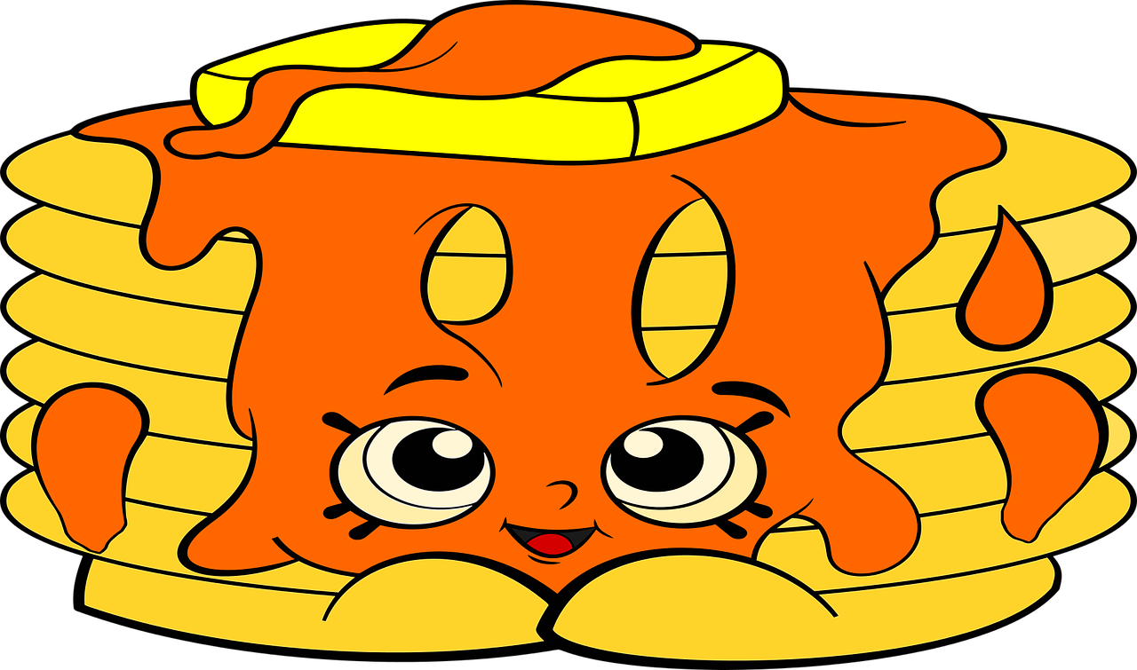 Cute Smiling Cartoon Pancake Stack with Butter and Syrup PNG Character