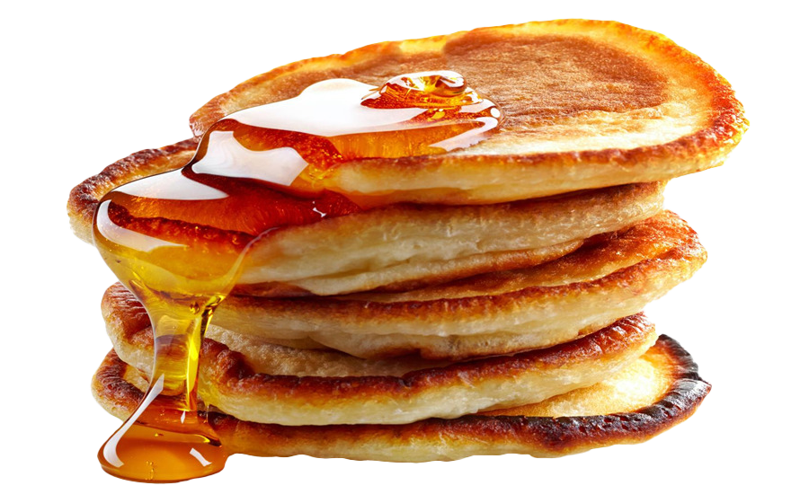 Fluffy Pancake Stack with Warm Syrup Pouring Over the Top PNG Image