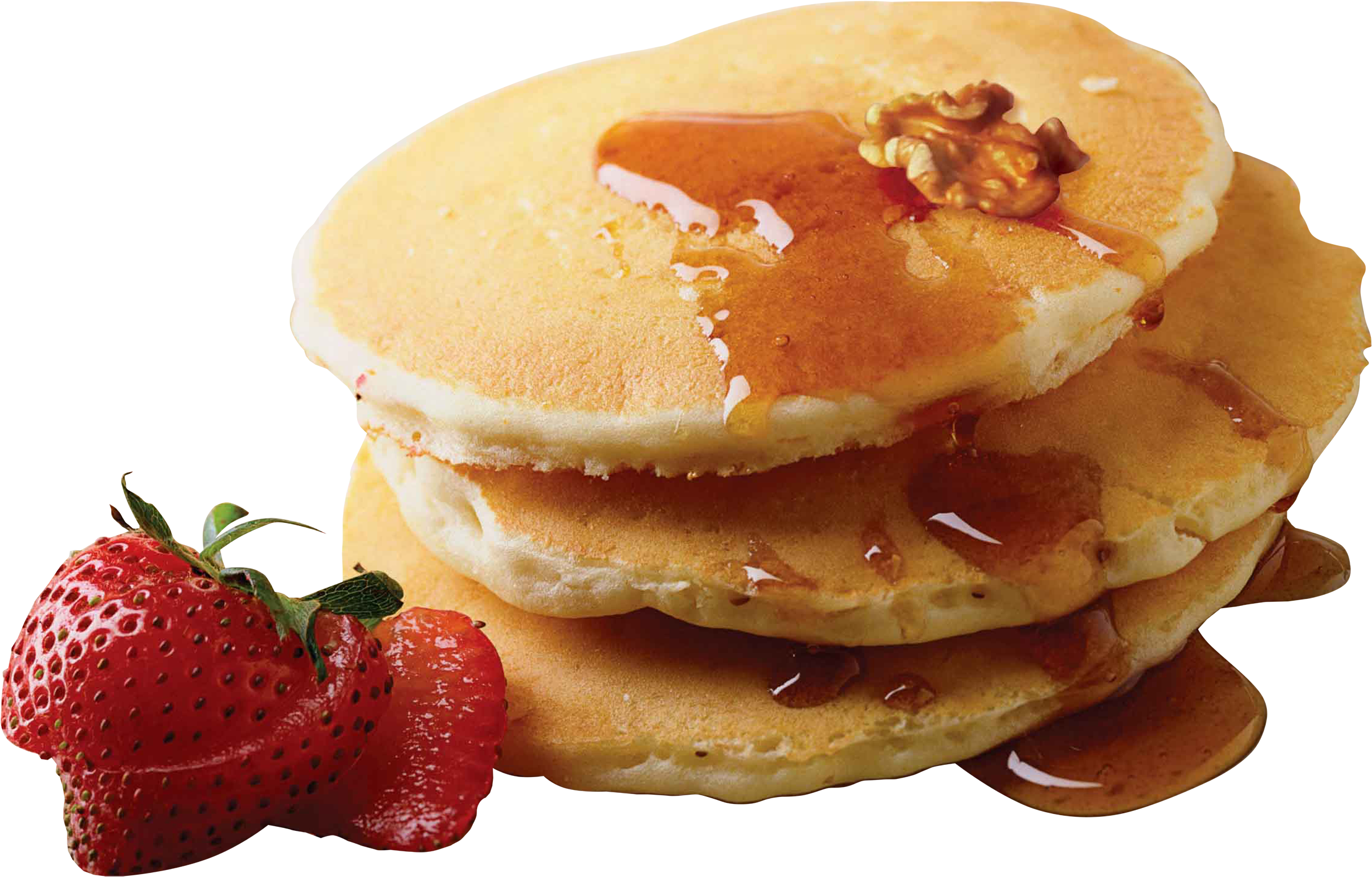 Pancakes with Maple Syrup Chopped Nuts and Fresh Strawberry PNG Image