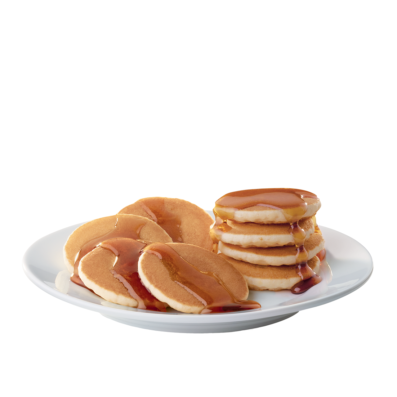 Small Pancakes Served with Butter and Syrup on Oval White Plate PNG Image