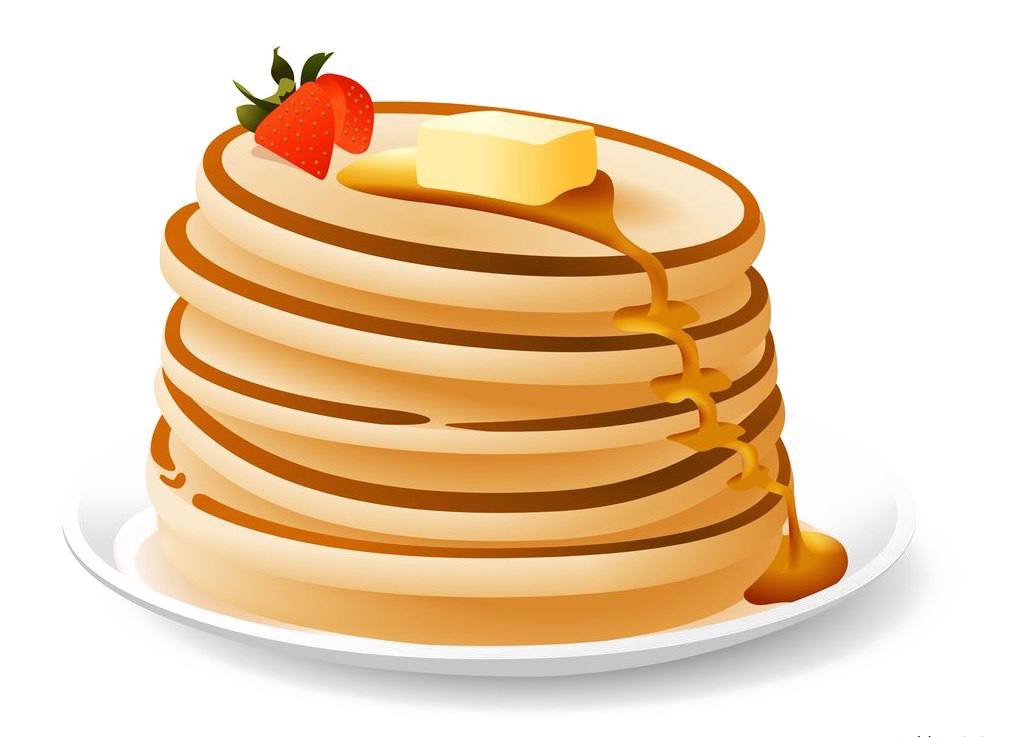 Tall Golden Pancake Stack with Strawberry and Butter on Top PNG Image