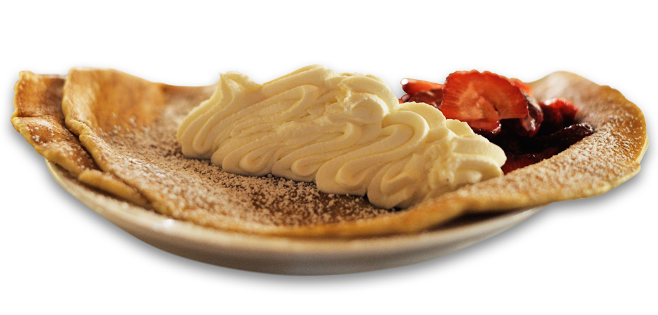 Thin Folded Crepes with Fresh Berries and Syrup on Serving Plate PNG Image