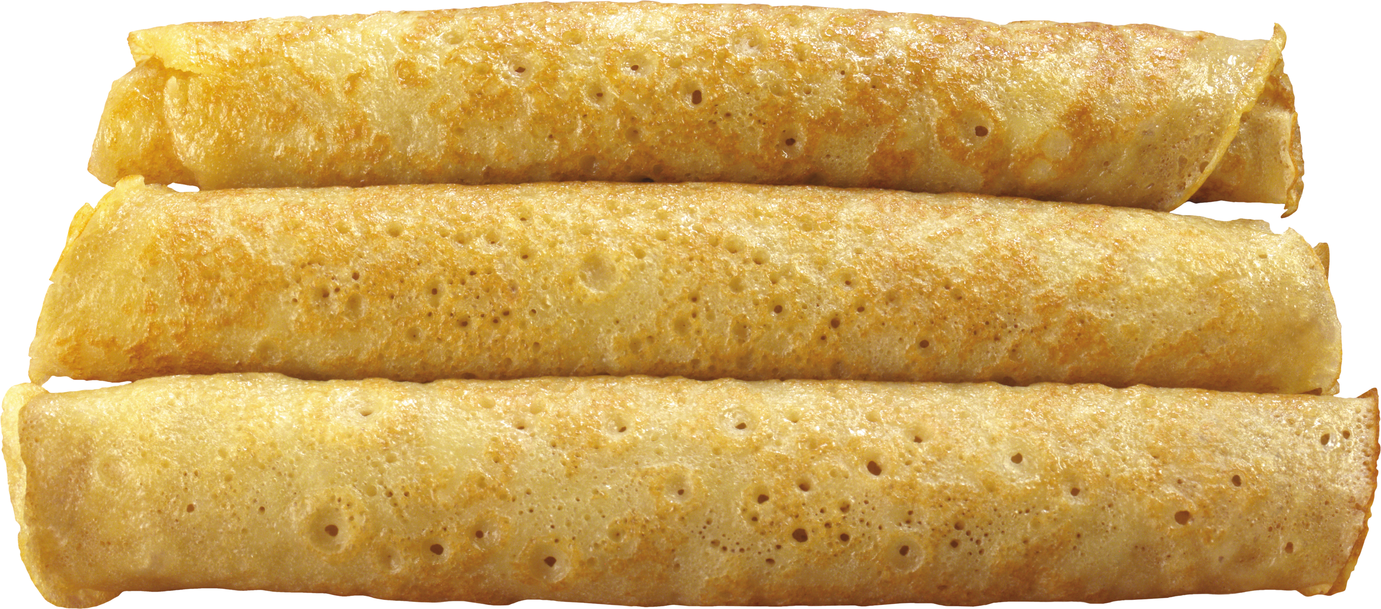 Three Rolled Thin Pancakes or Crepes with Golden Brown Edges PNG Image