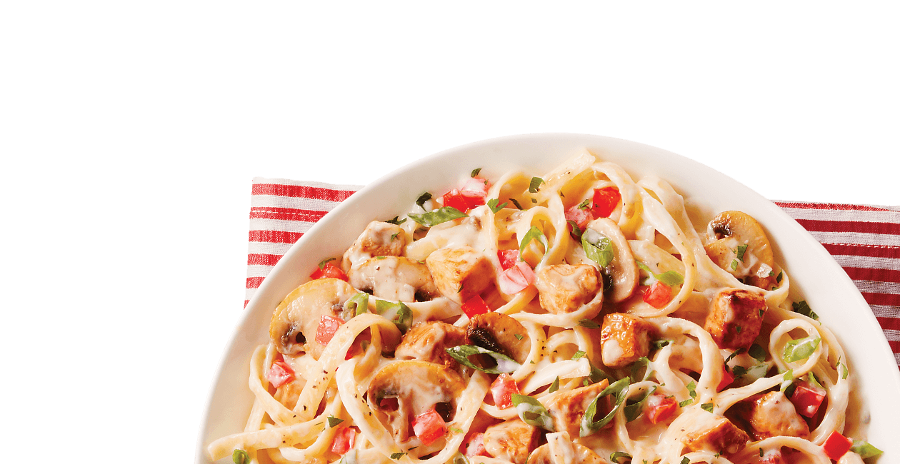 Creamy Seafood Pasta with Shrimp and Calamari on Striped Plate PNG Image