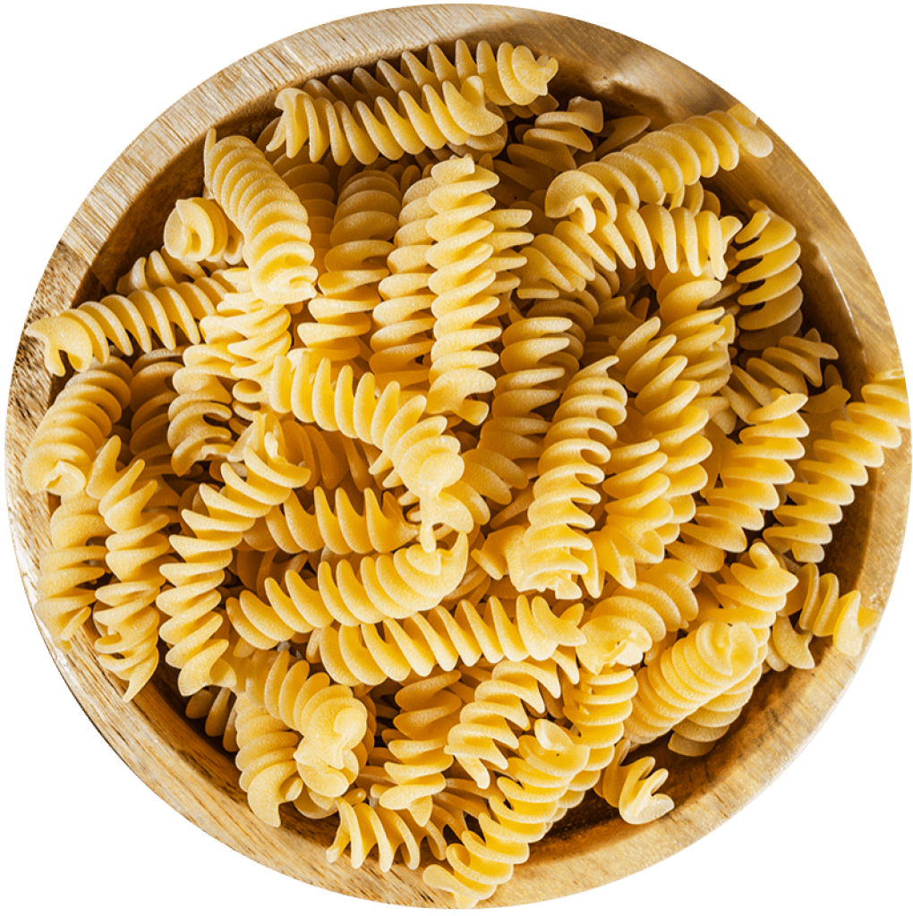 Dry Fusilli Spiral Pasta in Wooden Bowl Top View Food PNG Image