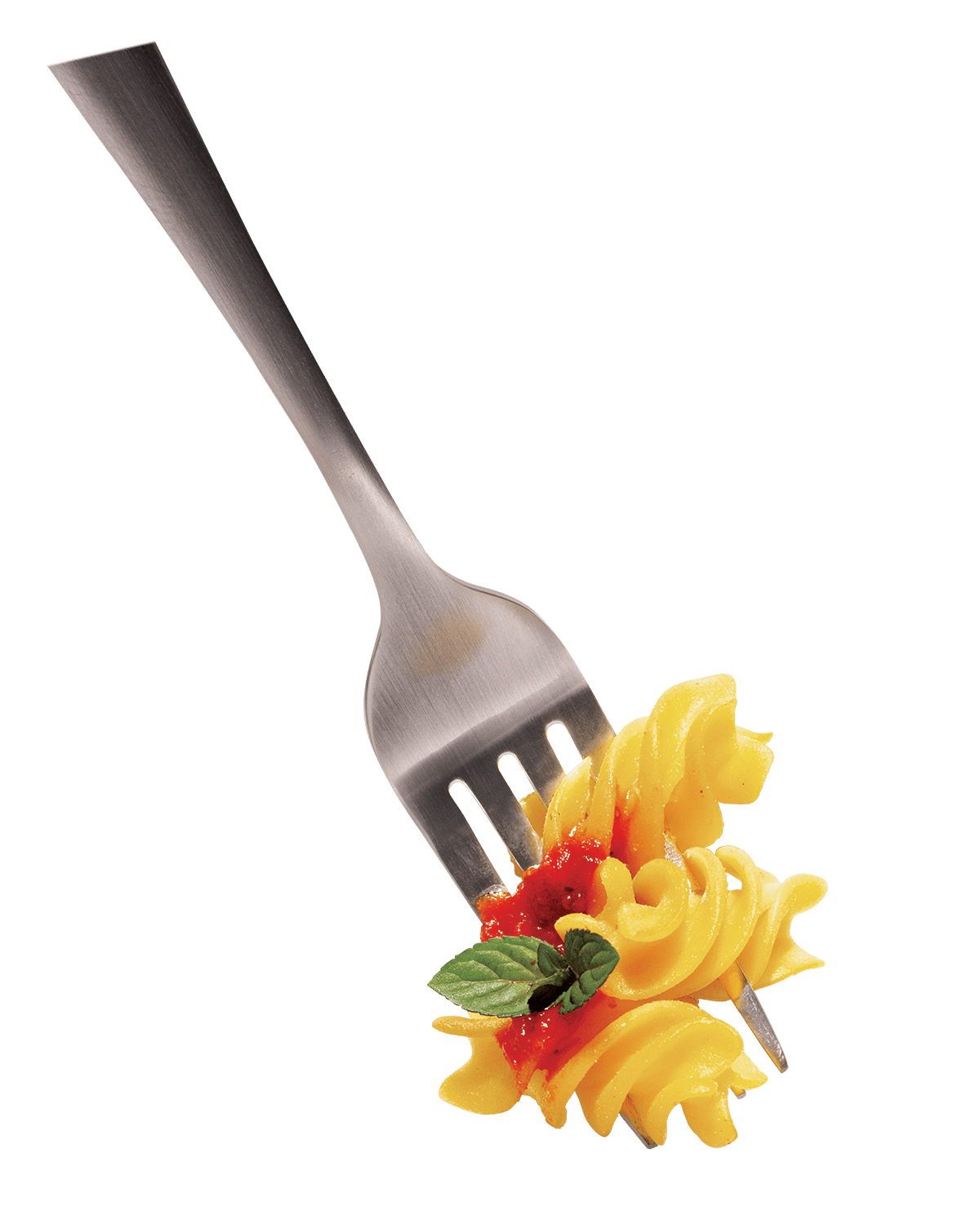 Fork Lifting Fusilli Pasta with Tomato and Fresh Greens PNG Image