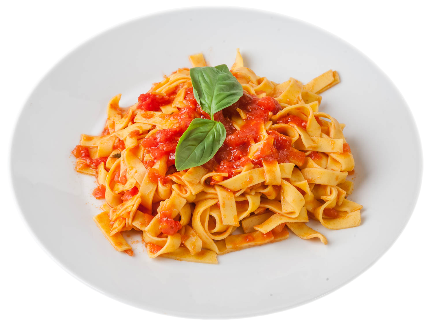 Ribbon Pasta with Tomato Sauce and Fresh Basil on White Plate PNG