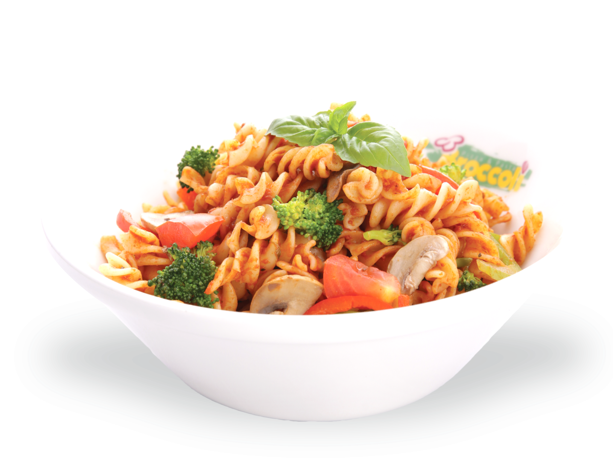 Rotini Pasta Salad with Tomato and Green Vegetables in White Bowl PNG