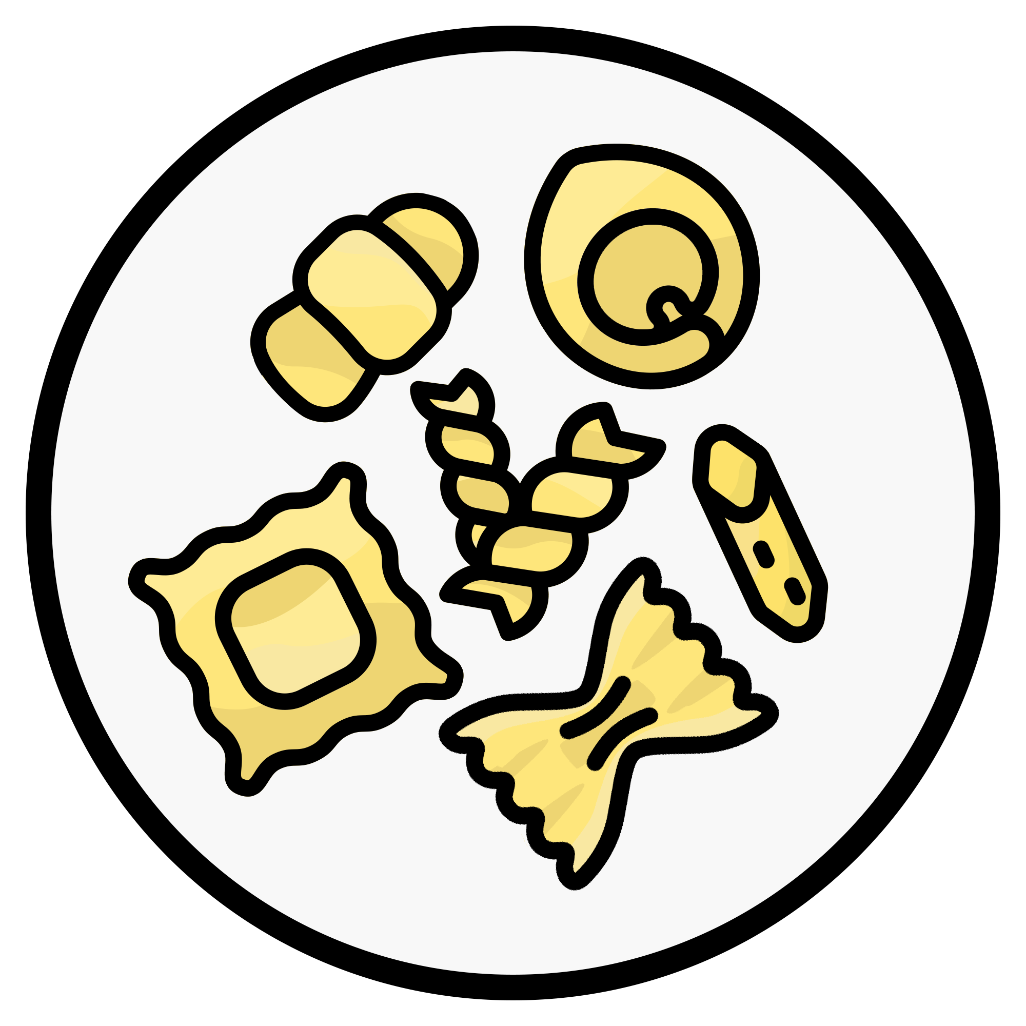 Round Pasta Types Icon Showing Farfalle Penne and Rotini Shapes PNG