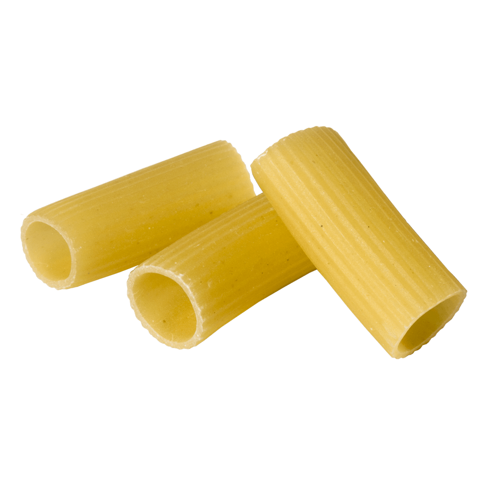 Three Dry Rigatoni Pasta Tubes Isolated Ingredient PNG Cutout