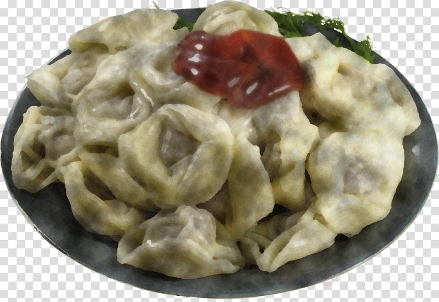 Boiled Pierogi Topped with Sour Cream and Red Sauce on Dark Plate PNG
