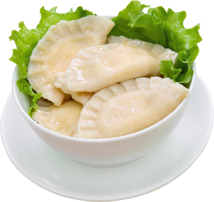 Boiled Pierogi with Fresh Lettuce in White Serving Bowl PNG Image