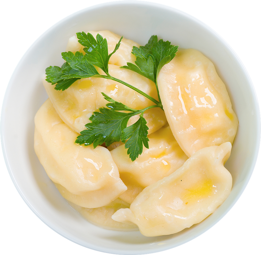 Boiled Pierogi with Fresh Parsley in White Serving Bowl PNG Image