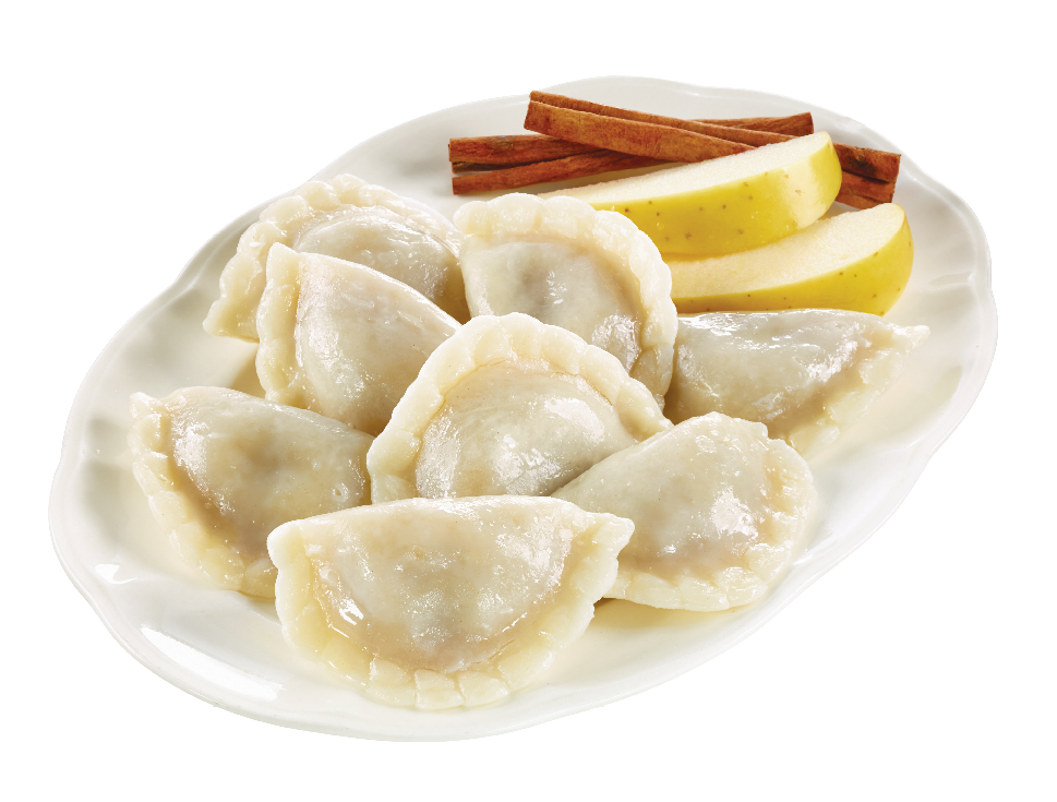 Boiled Pierogi with Sour Cream and Apple Slices on White Plate PNG Image