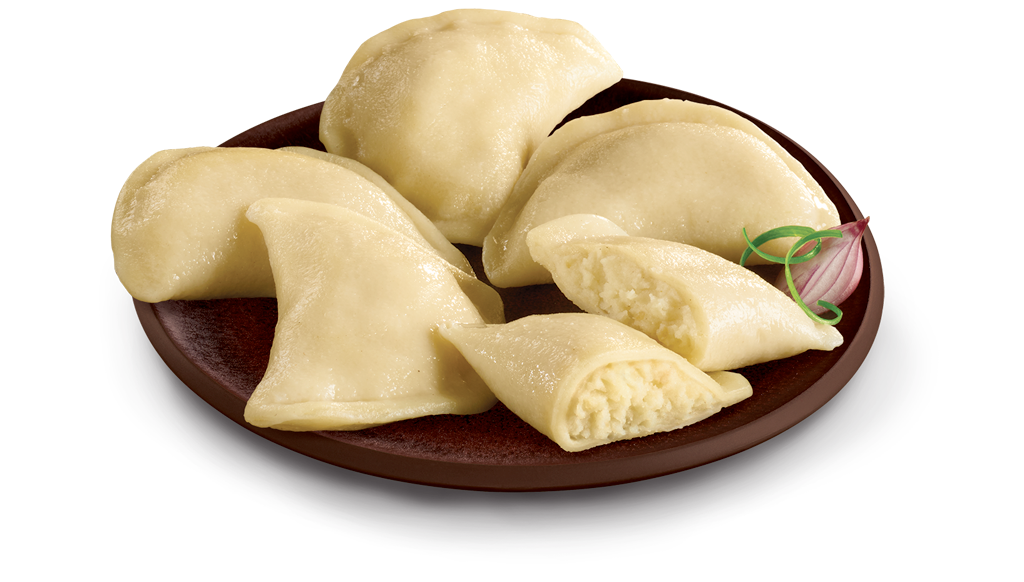 Fresh Uncooked Pierogi Dumplings on Rustic Brown Plate PNG Food Image