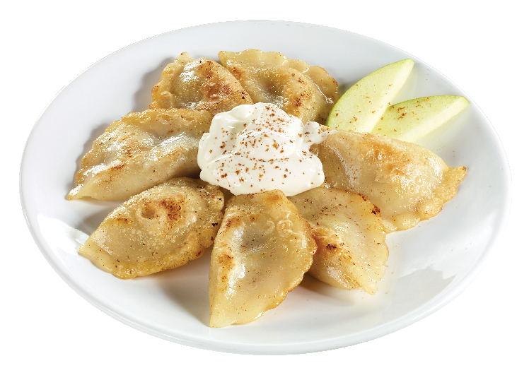 Golden Pan Fried Pierogi with Sour Cream and Cucumber on Plate PNG Image
