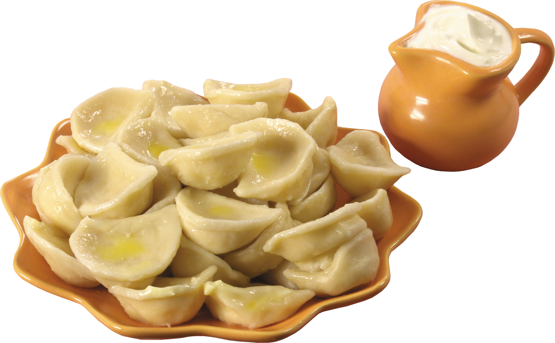 Pierogi Dumplings with Creamy Dipping Sauce in Small Pitcher PNG Image