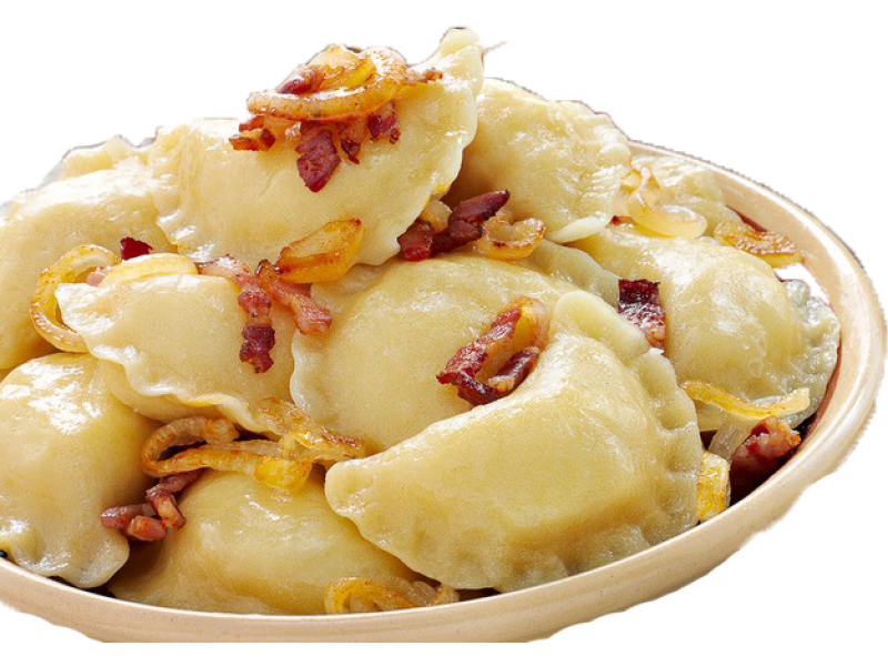 Pierogi Dumplings with Crispy Fried Onion Topping on Serving Plate PNG Image
