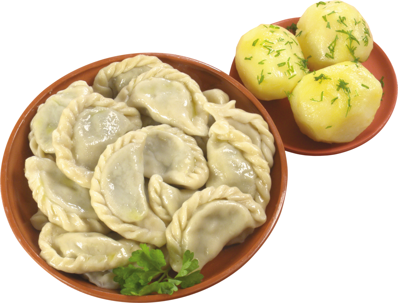 Pierogi with Boiled Potatoes and Fresh Herb Garnish on Plate PNG Image