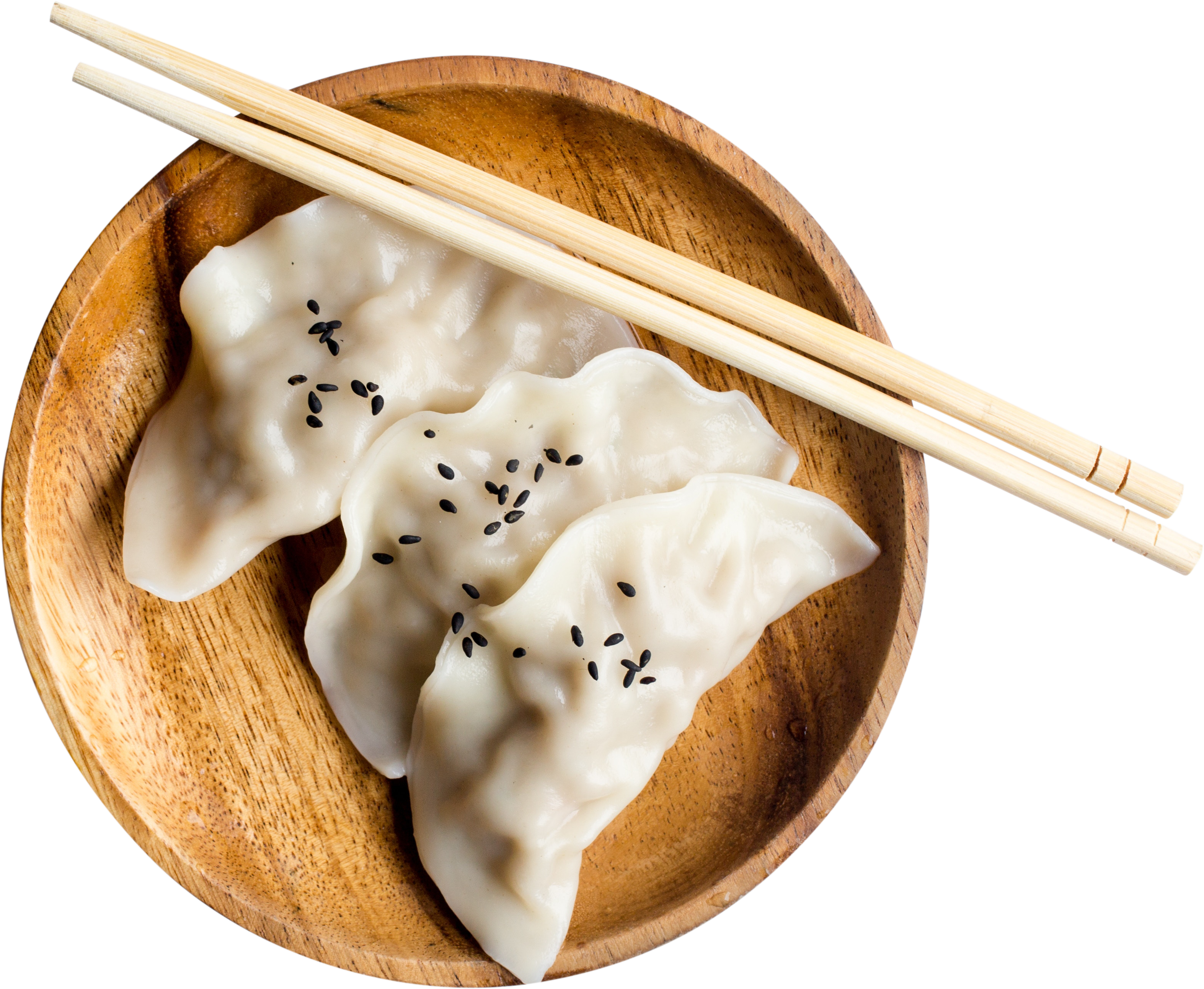 Steamed Asian Dumplings with Sesame Seeds in Wooden Bowl and Chopsticks PNG
