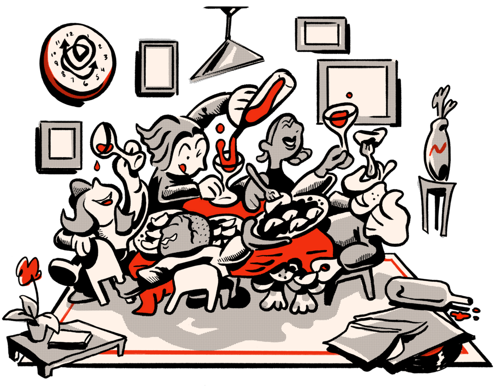 Whimsical Black and White Cartoon Chefs Cooking in Busy Kitchen PNG Illustration