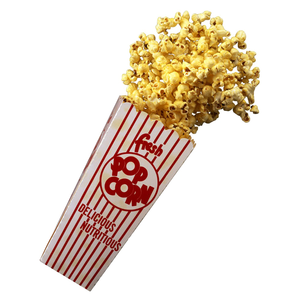 Angled Red Striped Cinema Popcorn Box Filled with Fresh Popcorn PNG Image
