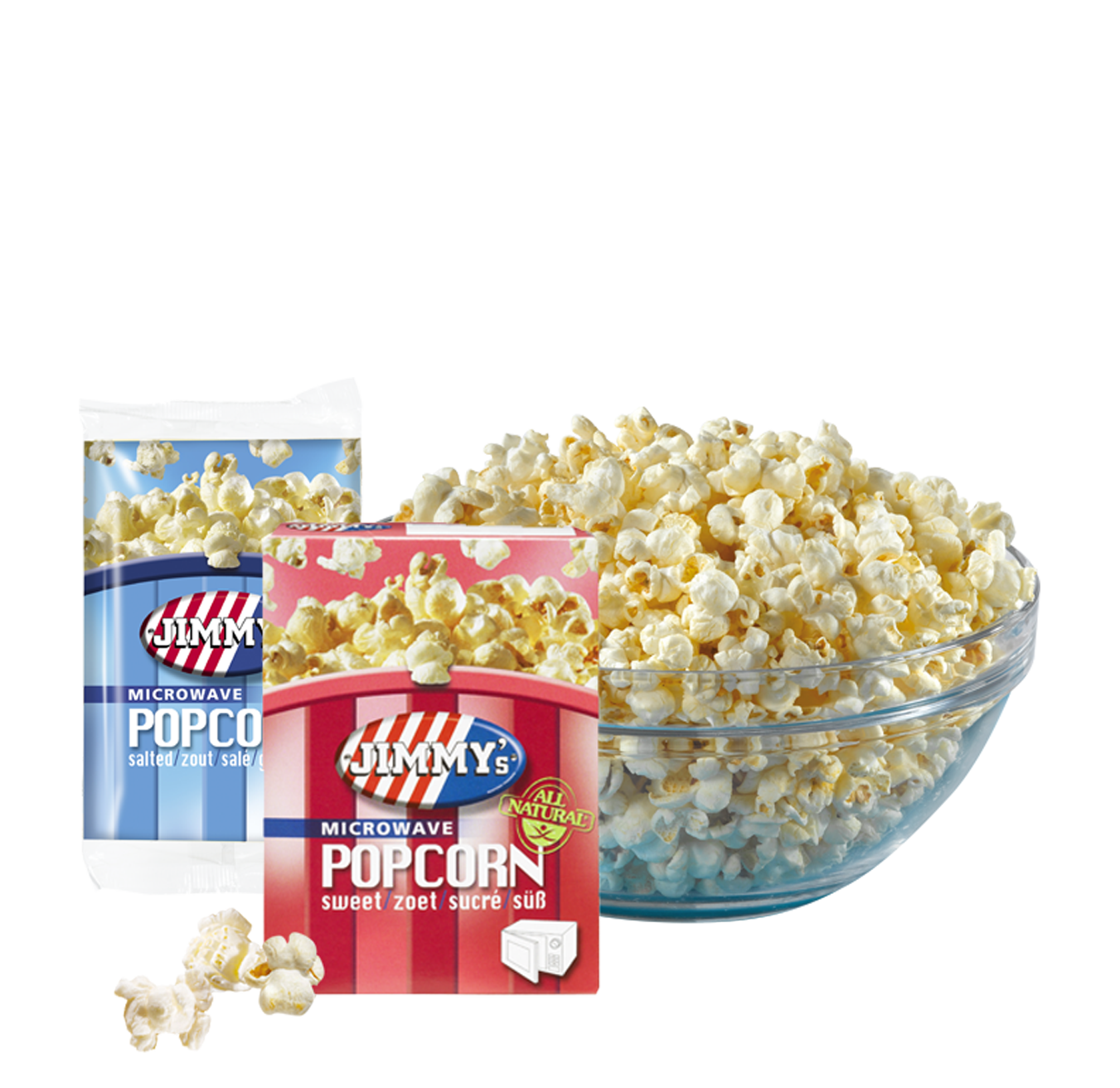 Assorted Packaged Microwave Popcorn Bags with Bowl of Popped Corn PNG Image