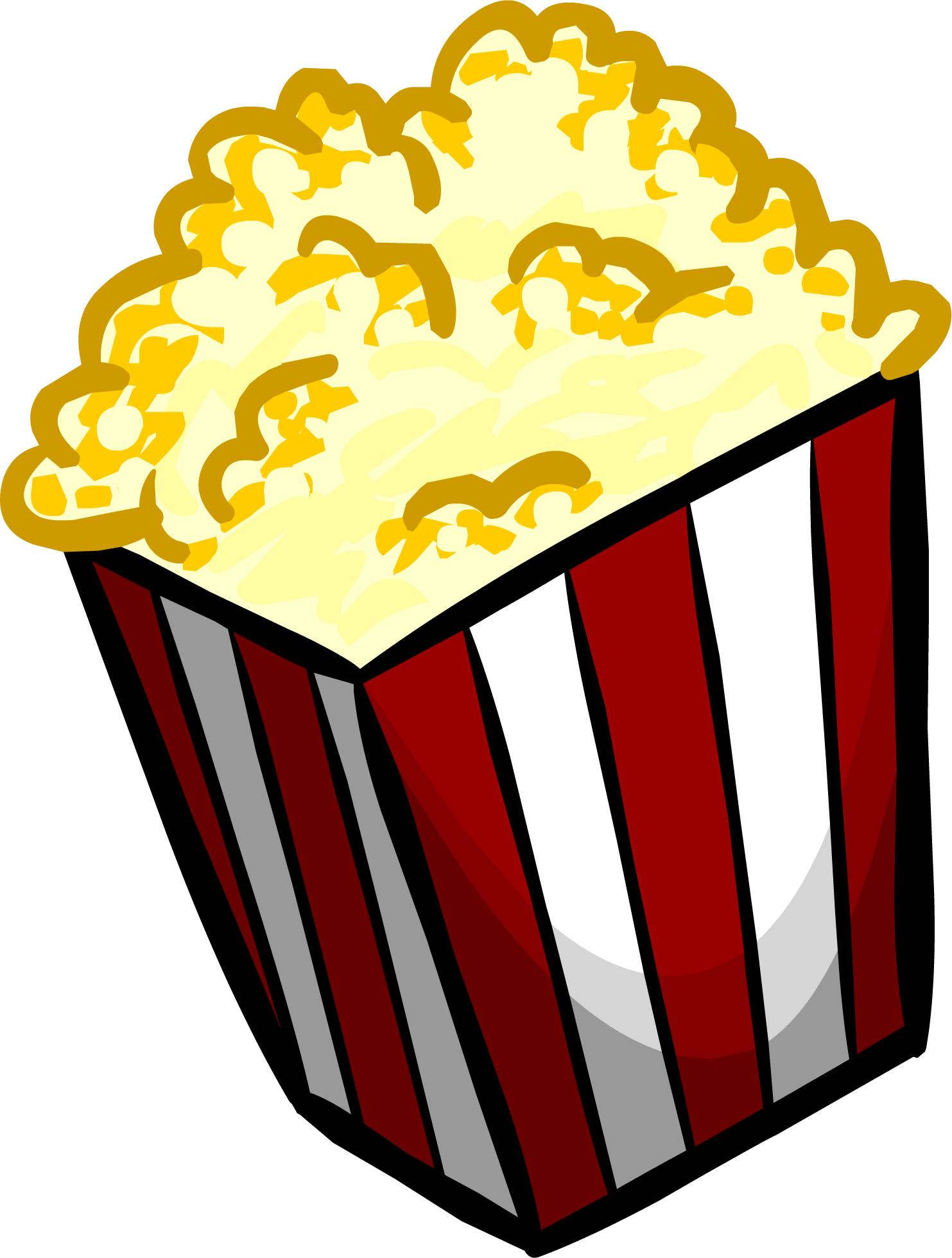 Black and Red Striped Movie Popcorn Bucket with Popped Corn PNG Image