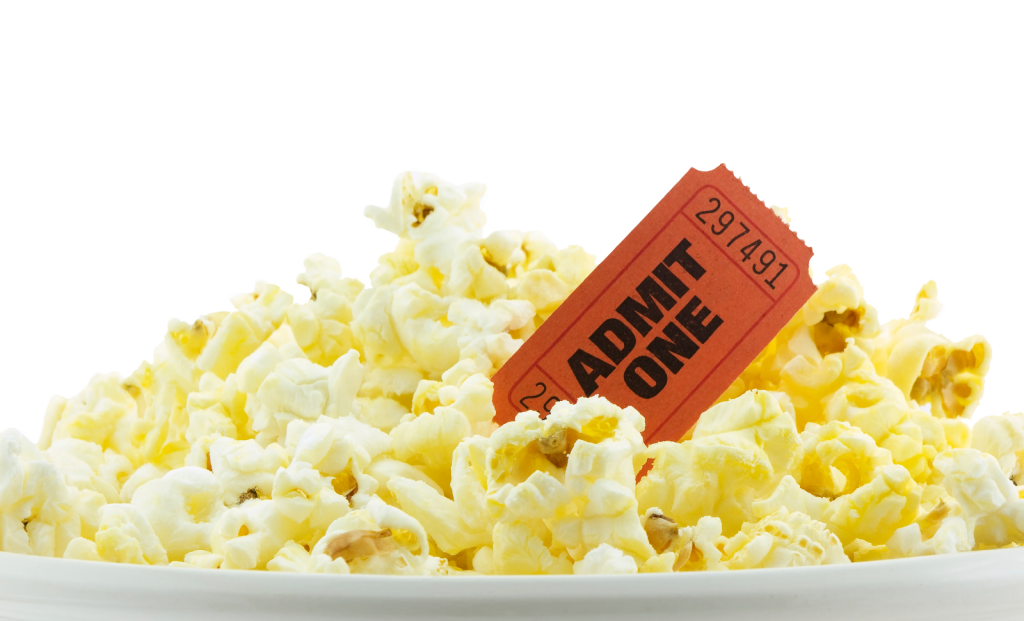 Butter Popcorn with Admission Ticket on White Background PNG Image