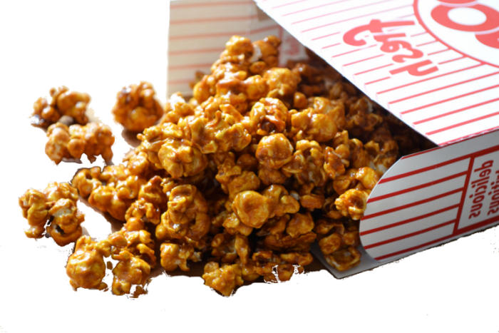 Caramel Popcorn Served in Red and White Takeout Carton PNG Image