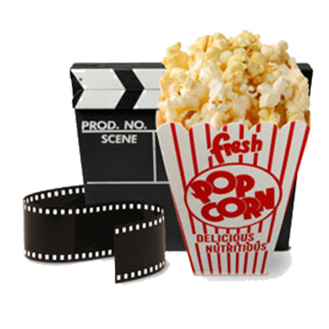 Cinema Night Illustration with Film Clapperboard Reels and Popcorn PNG Graphic
