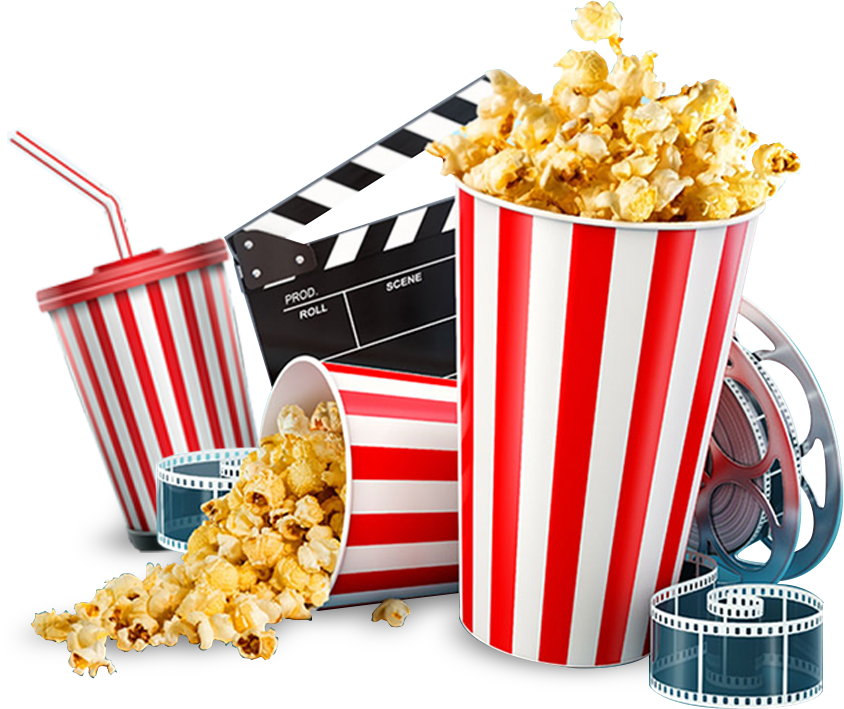 Classic Cinema Snacks with Popcorn Cups and Vintage Film Reels PNG Illustration