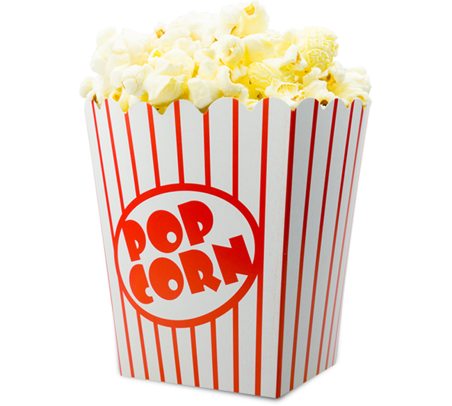 Classic Red Popcorn Bucket with White Lettering Isolated PNG Image