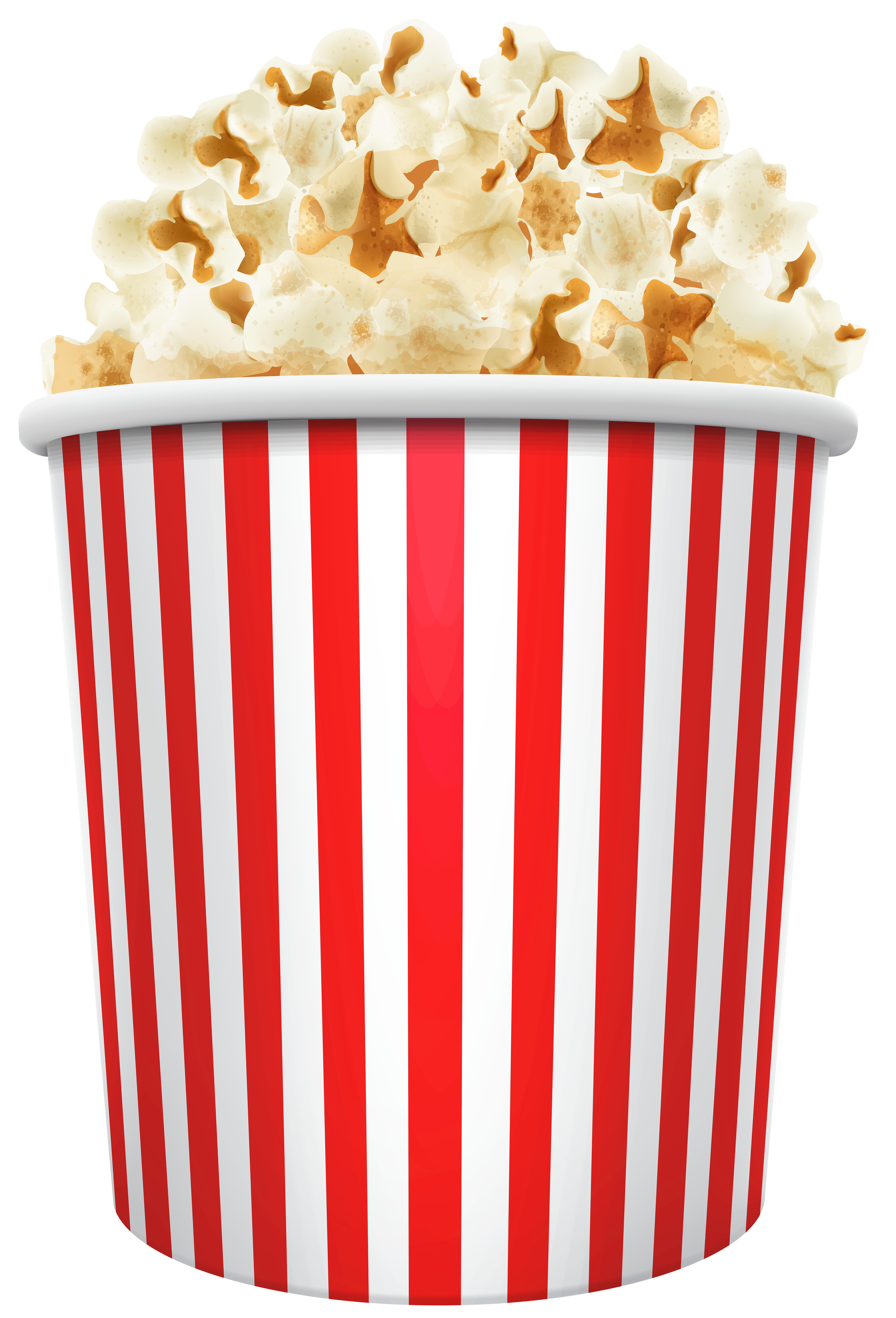 Classic Red Striped Popcorn Tub Filled with Fresh Popped Corn PNG Image
