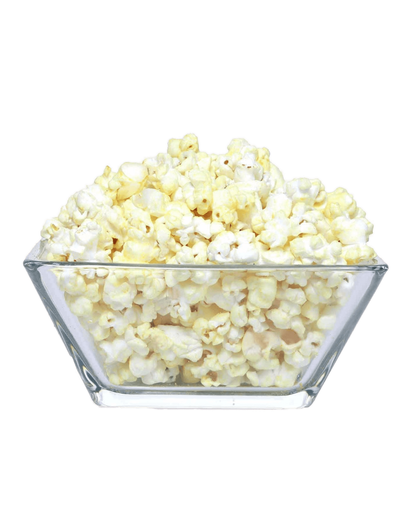 Clear Glass Bowl Filled with Fresh White Popcorn PNG Food Photograph