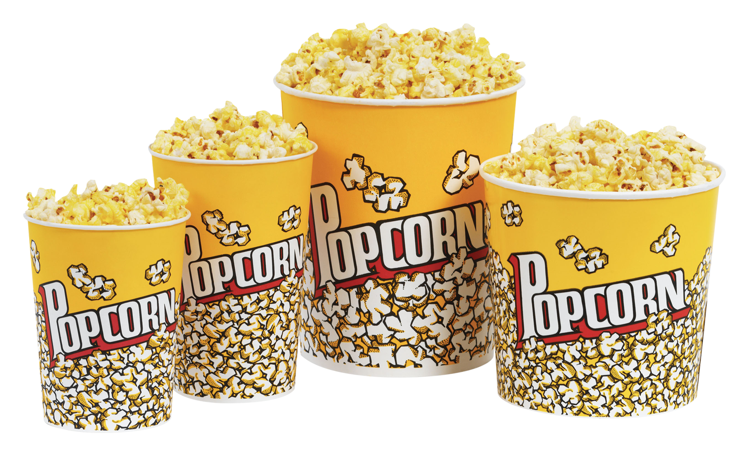 Four Miniature Red and Yellow Popcorn Cups Filled with Kernels PNG Graphic