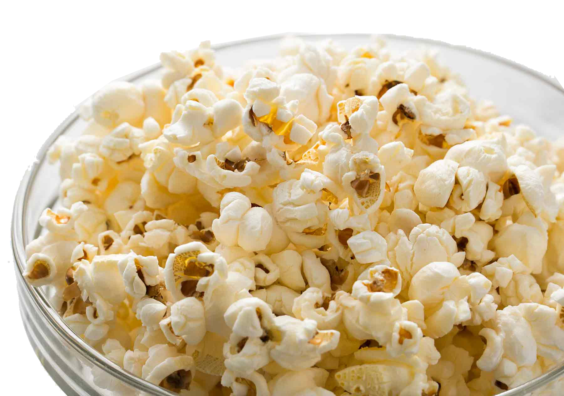 Glass Bowl Brimming with White Buttered Popcorn PNG Food Photograph