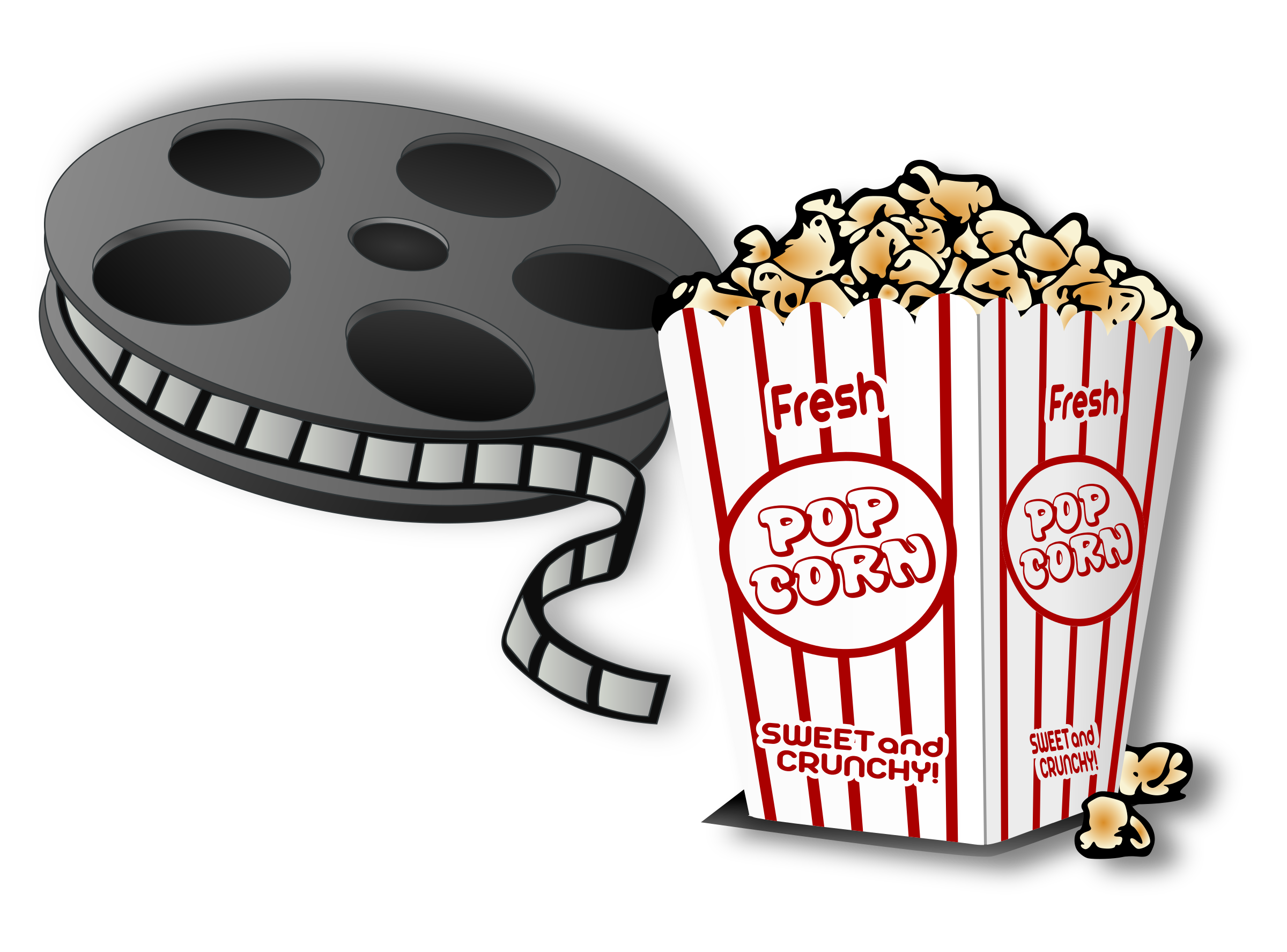 Movie Film Reel and Fresh Popcorn Carton Black White Illustration PNG