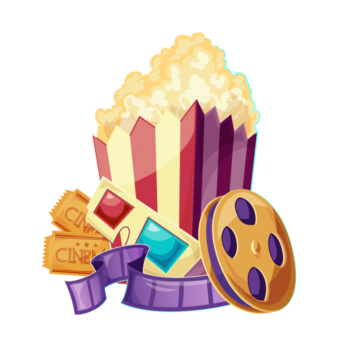 Movie Night Snacks with Popcorn Candy Soda and Film Reel PNG Illustration