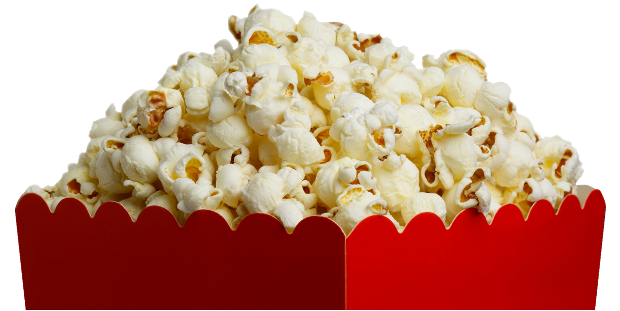 Rectangular Red Tray Filled with Fresh Buttered Popcorn PNG Image