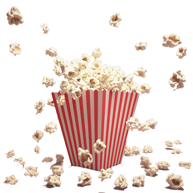 Red and White Popcorn Carton with Kernels Popping Around It PNG Illustration