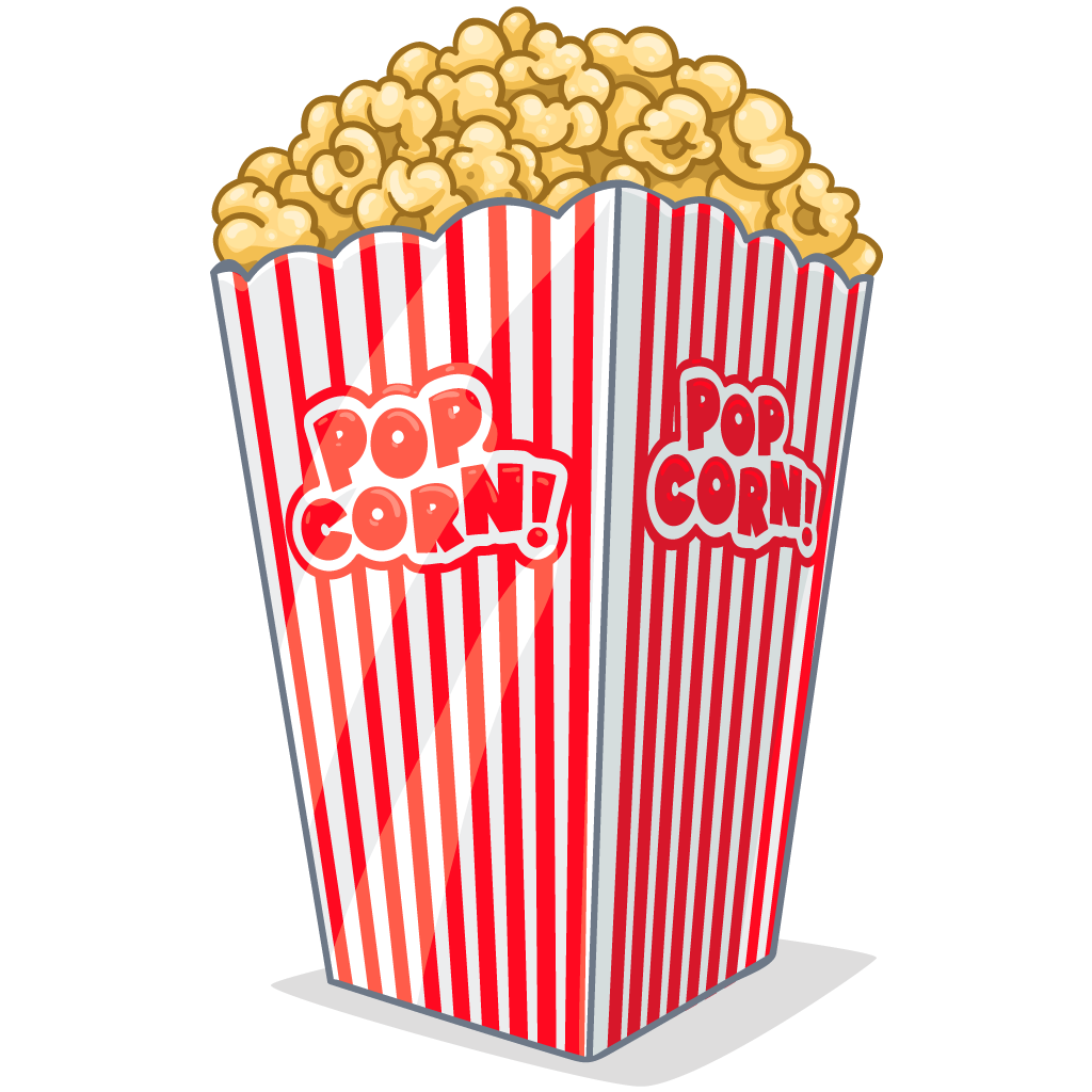 Red and White Striped Movie Popcorn Box Filled with Popcorn PNG Graphic
